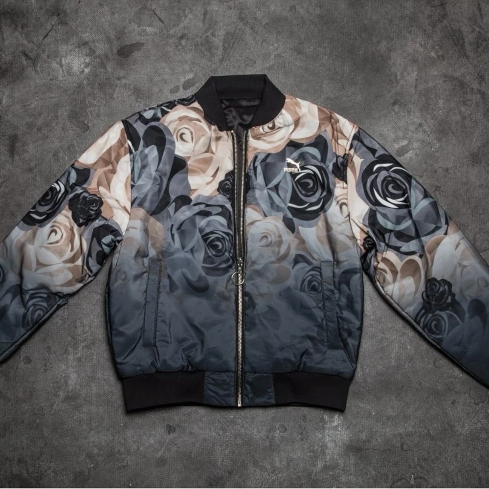 PUMA x Careaux Satin Bomber Jacket Size S, Reversible Floral Rose Print, Black